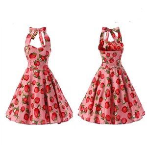 Pink Strawberry Print 50s Pinup Swing Dress Halter Rockabilly Retro Medium